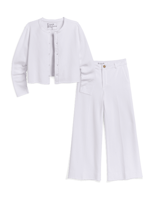 A two-piece women's outfit set in white, featuring a cropped cardigan-style top with a button front and matching wide-leg pants, displayed on a clean white background., view 6