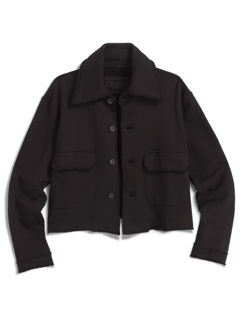 A black cropped utility jacket with a pointed collar, button front, and two large flap pockets on a plain white background., view 5