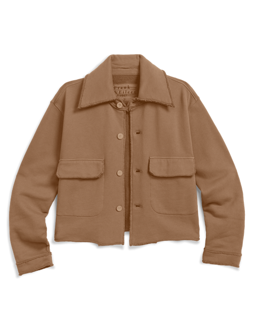 A cropped tan utility jacket with a pointed collar, button front, and two large flap pockets on a plain white background., view 4