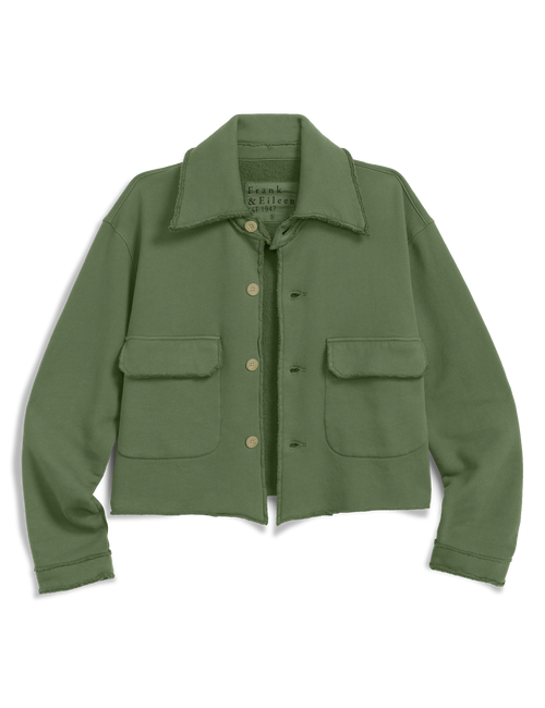 An olive green cropped utility jacket with a pointed collar, button front, and two large front flap pockets, shown flat against a white background., view 4