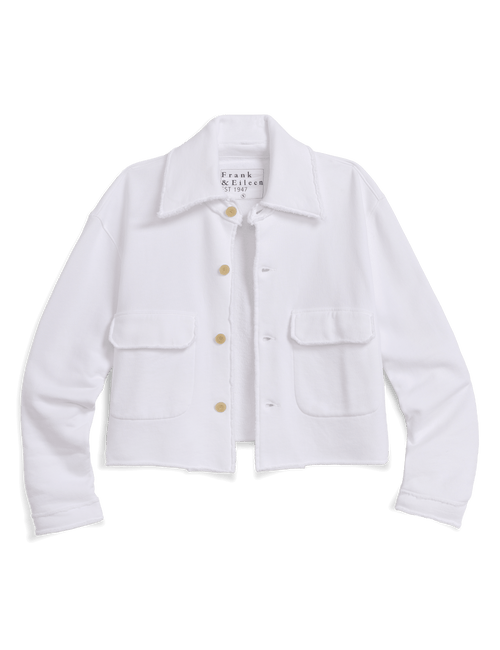 A white cropped jacket with a pointed collar, gold-tone buttons, and two front flap pockets, shown against a solid black background. The brand name 'Frank & Eileen' is visible on the inner neck label., view 6