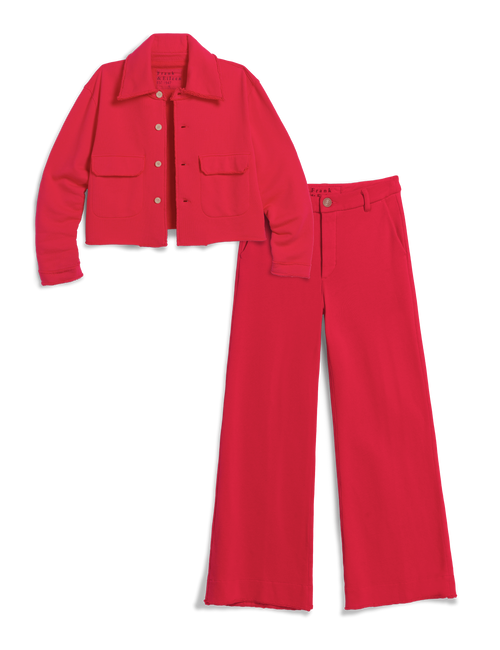 A bright red two-piece clothing set consisting of a button-front jacket with flap chest pockets and matching wide-leg pants, shown on a plain white background., view 4