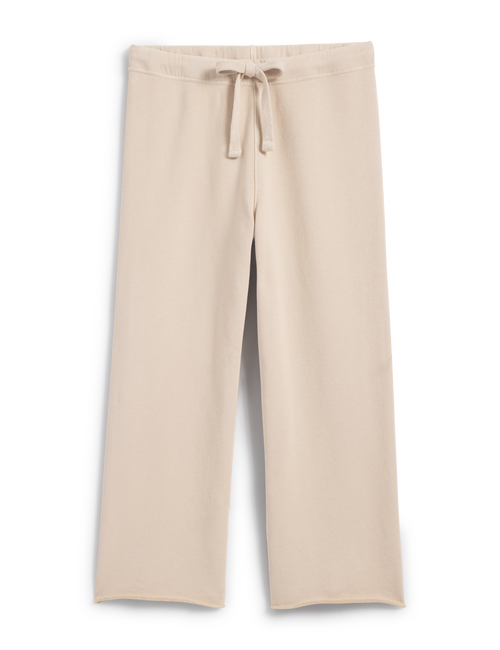 A pair of beige, wide-legged, cropped sweatpants with a drawstring waist., front view
