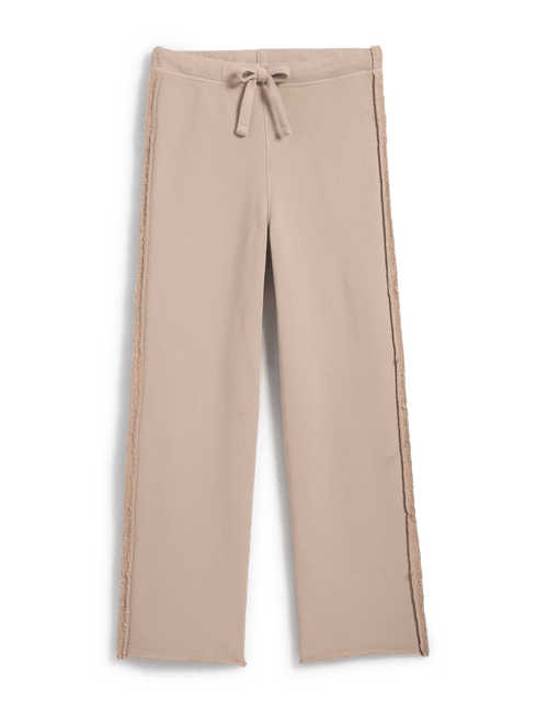 A pair of wide-leg, straight-cut pants in a light beige or taupe color, featuring a matching drawstring waistband and textured fringe trim running down the outer sides of the legs, shown against a plain white background., alternate view
