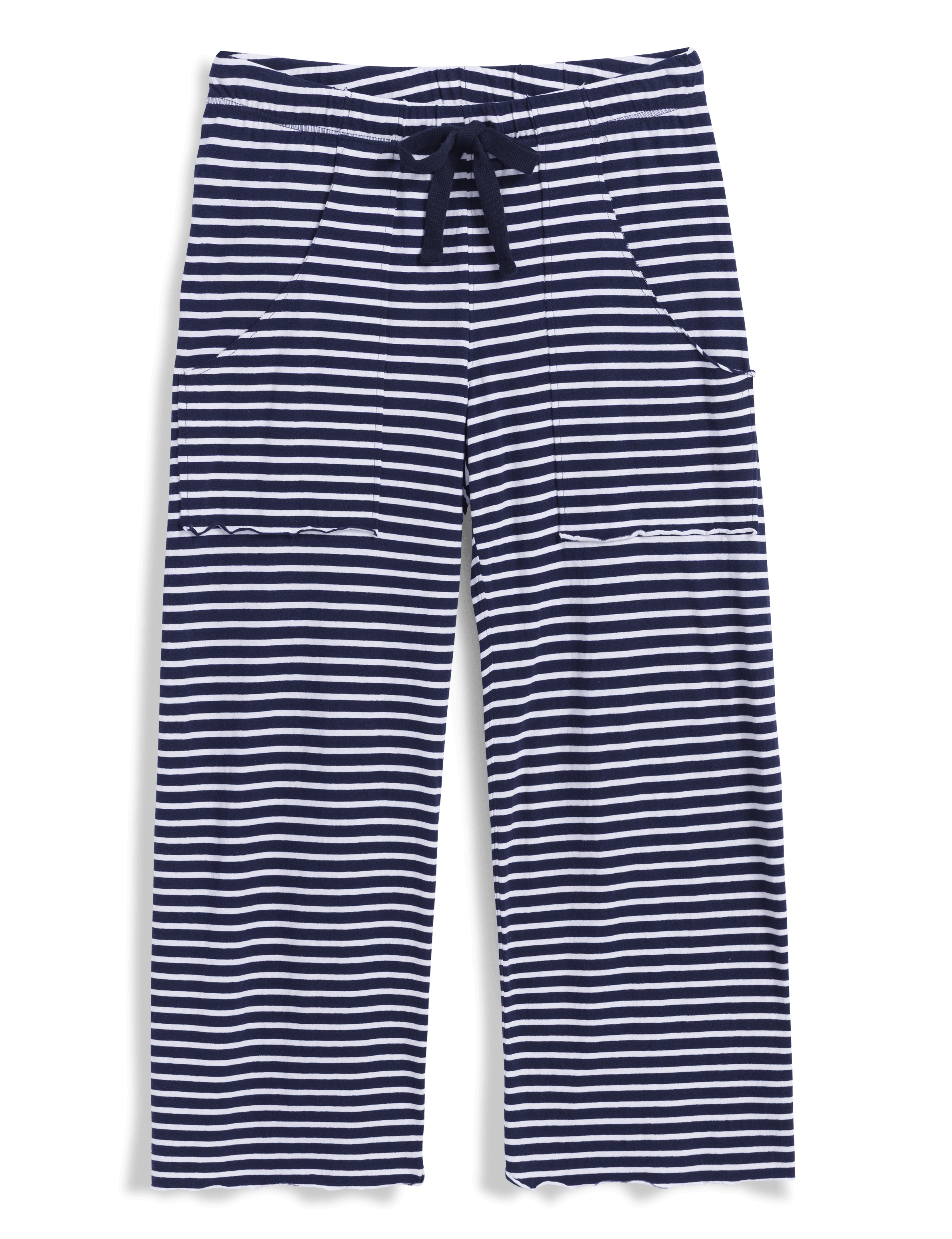 Navy and white striped pants on a black background, view 6