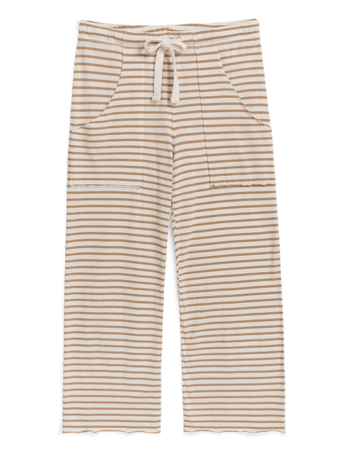A pair of cropped pants with horizontal beige and white stripes, featuring an elastic waistband with a white drawstring and side pockets, shown against a solid black background., view 4