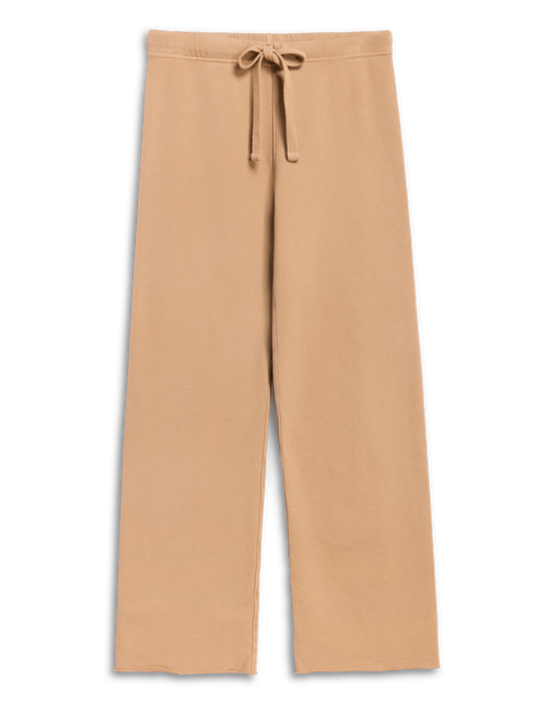 A pair of wide-leg lounge pants in a warm tan or camel color, featuring an elastic waistband and a matching drawstring, shown flat against a white background., view 4