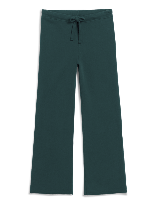 A pair of dark green wide-leg pants with a matching drawstring waistband, displayed flat against a solid white background., view 4