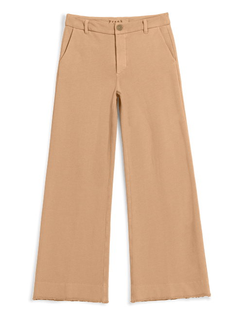 A pair of wide-leg cropped pants in a warm tan or camel color, laid flat against a solid white background. , view 4