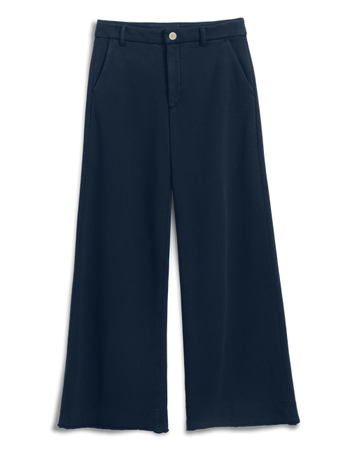 A pair of dark navy blue wide-leg pants with a button closure and belt loops, shown flat against a white background., view 4