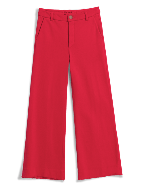 Red wide-leg pants with a button closure and belt loops, shown flat against a white background., view 3