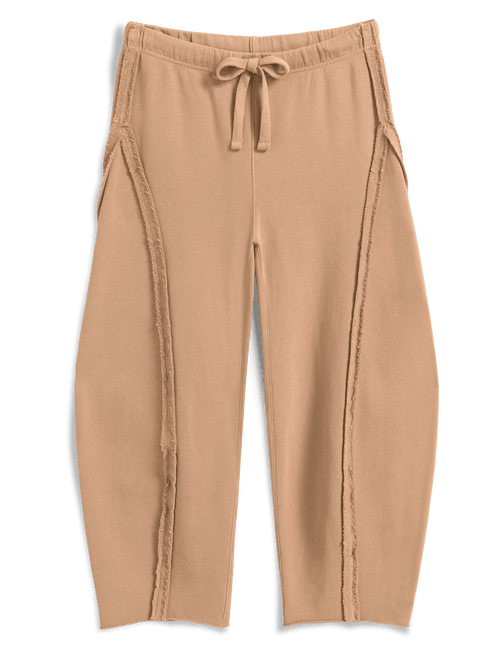 A pair of beige barrel-leg cropped pants with a drawstring waist, photographed flat against a white background., view 4