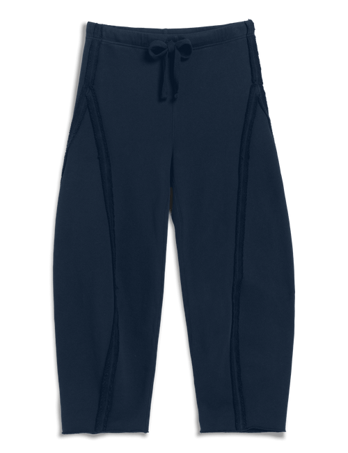 A pair of dark navy blue athletic leggings with a drawstring waistband and textured side panels, shown flat on a white background., view 4
