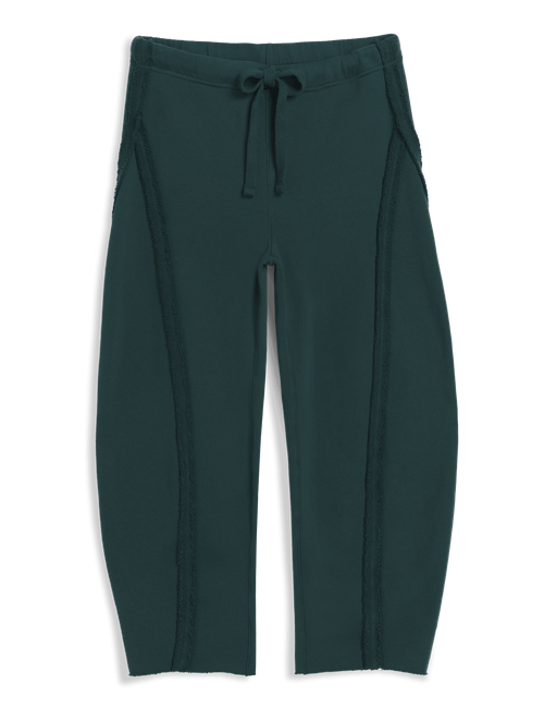 Dark green barrel cropped pants with side seam detailing and a drawstring waist, shown flat on a white background., view 4