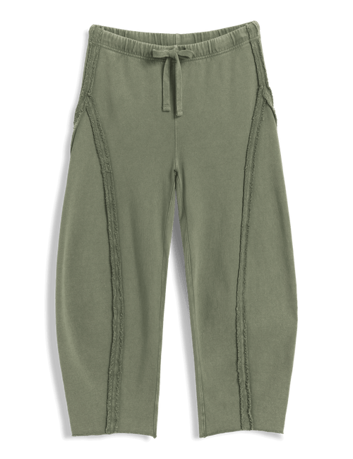Olive green cropped pants with a drawstring waistband and vertical textured seam details running down the sides, shown on a plain white background., view 4