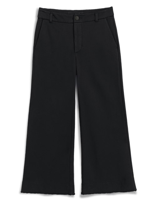 Black wide-leg cropped trousers with a button closure and belt loops, shown flat against a white background., view 6