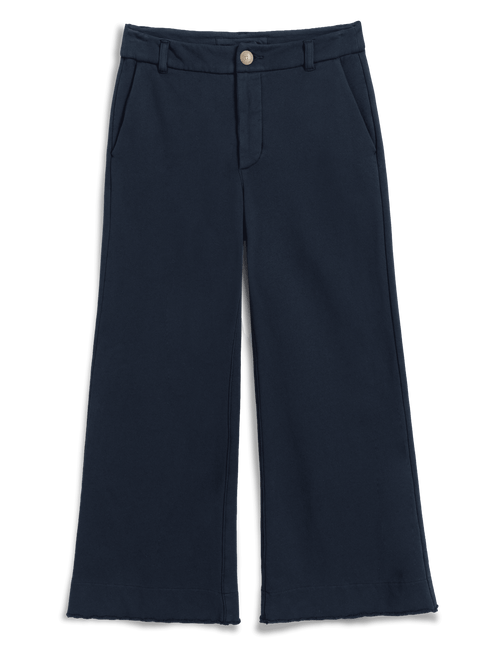 A pair of dark navy blue cropped wide-leg trousers with a single button closure at the waist, displayed flat against a solid green background., view 4