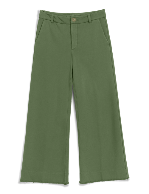 A pair of olive green wide-leg cropped pants with a button closure and belt loops, shown flat against a white background., view 4