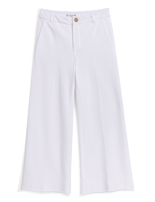 White wide-leg cropped pants with a button closure and belt loops, shown flat against a solid black background., view 4