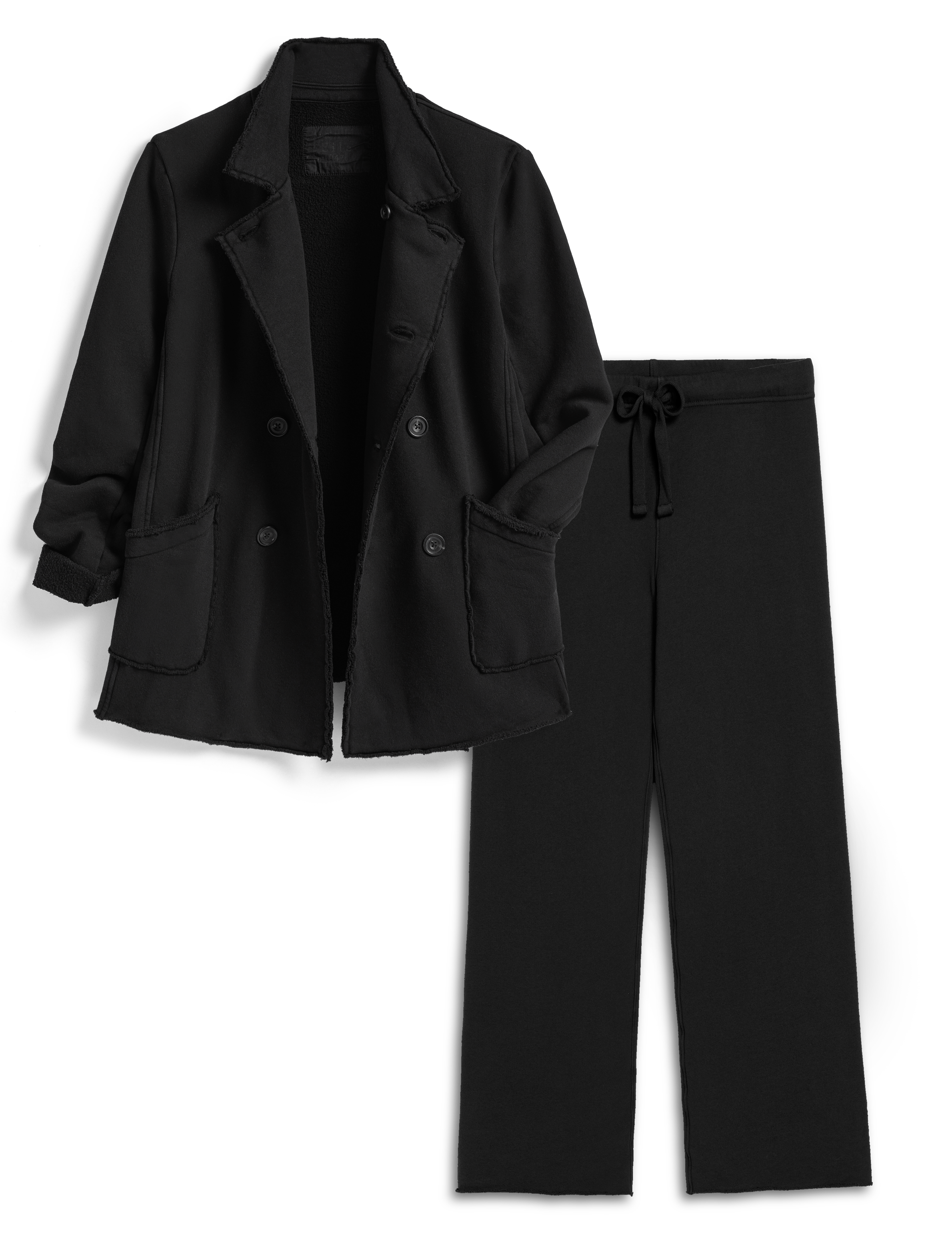 Black coat and pants set on a white background
