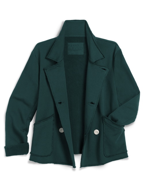 A dark forest green tailored blazer jacket with notch lapels, flap pockets, and  buttons, shown flat against a solid white background., view 4