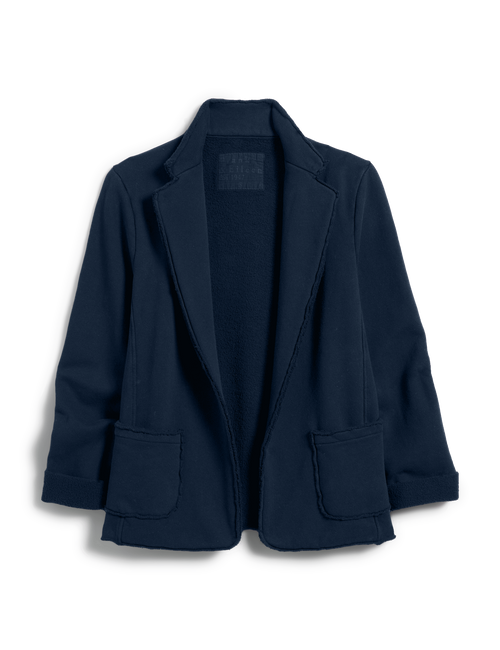 A dark navy blue open-front blazer with wide lapels, long sleeves, and two large front patch pockets, shown on a plain white background., view 4