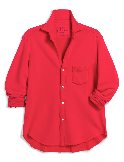 A bright red long-sleeve button-up shirt with a chest pocket, shown flat against a white background. The brand name 'Frank & Eileen' is visible on the inner neck label., view 4