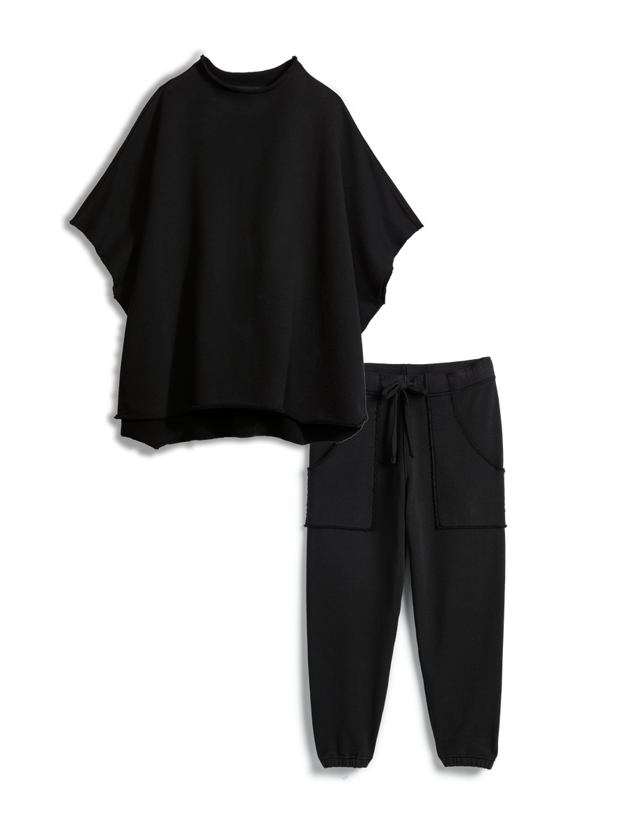 Flat front of Black Frank & Eileen Montauk Travel Set Audrey Capelet and Eamon Jogger Sweatpant in Triple Fleece