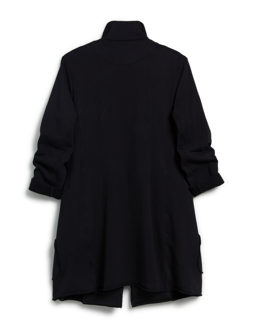 A black long-sleeve coat shown from the back, featuring long sleeves with cuffed hems, and a draped, asymmetrical hemline, photographed against a plain white background., view 6