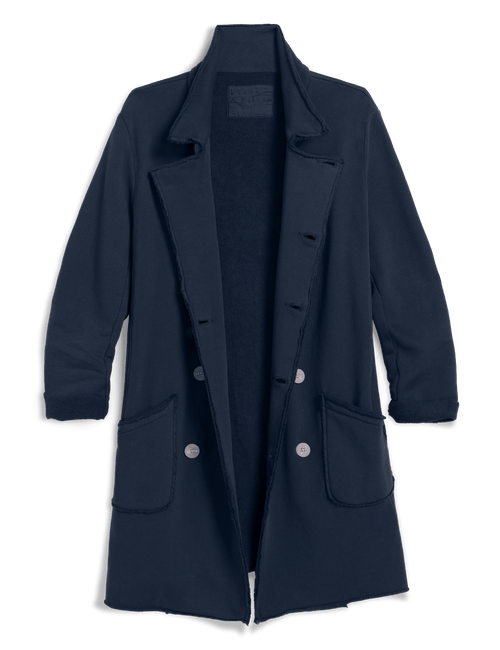 A dark navy blue coat with a double-breasted front, large patch pockets, and a wide collar, shown against a plain white background., view 4