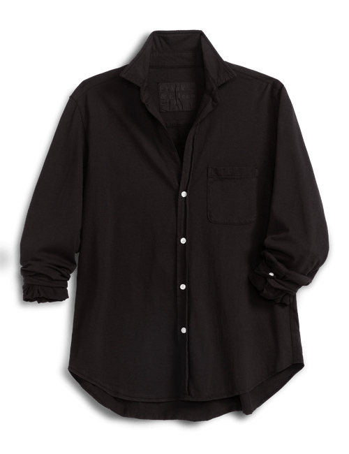 A black long-sleeve button-up shirt with a chest pocket, displayed against a solid black background., view 4
