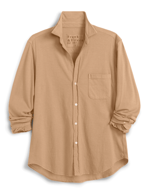 A tan long-sleeve button-up shirt by Frank & Eileen, featuring a chest pocket and rolled cuffs, displayed on a clean white background., view 4