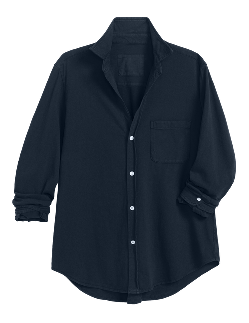 A dark navy blue long-sleeve button-up shirt with a chest pocket, shown against a plain white background., view 6
