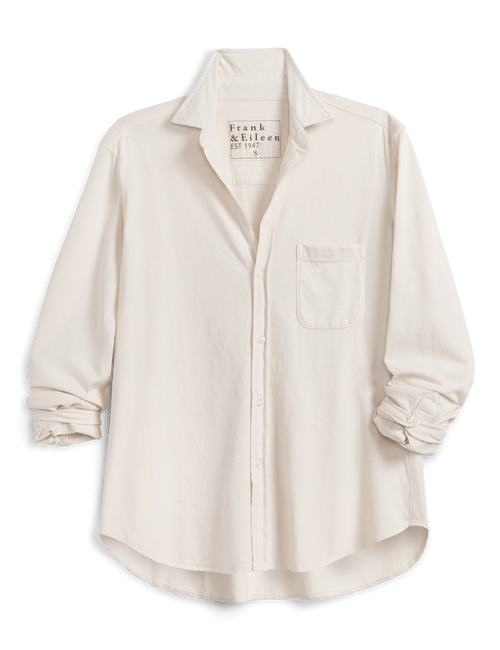 An off-white long-sleeve button-up shirt with a chest pocket, shown on a solid black background. The brand name 'Frank & Eileen' is visible on the inner neck label., view 4