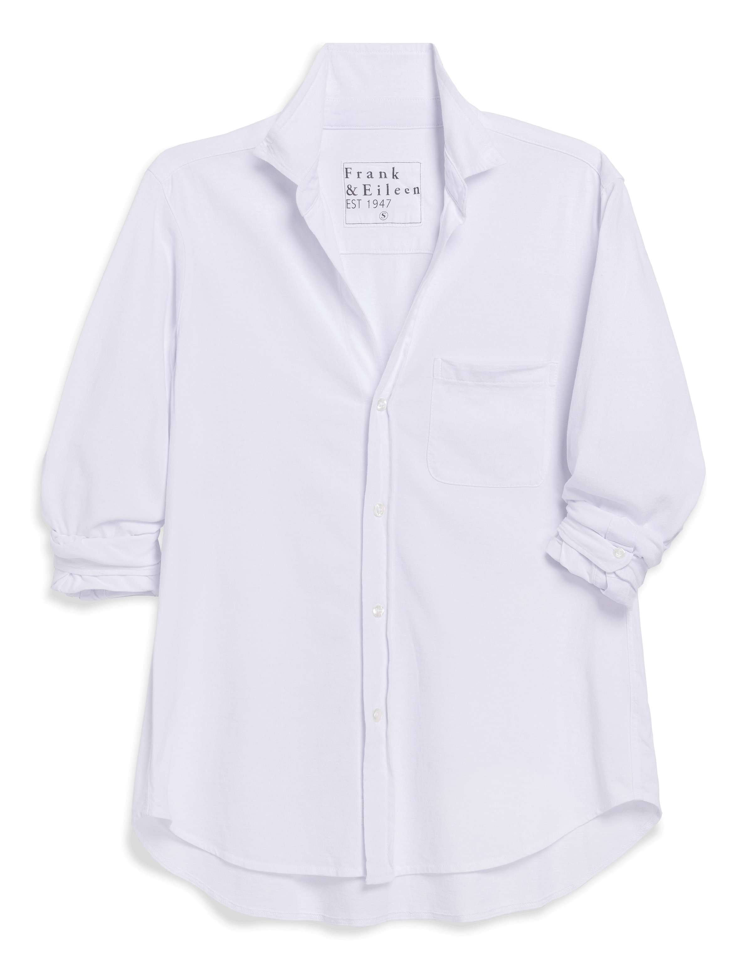 White shirt with brand label on a black background, view 6