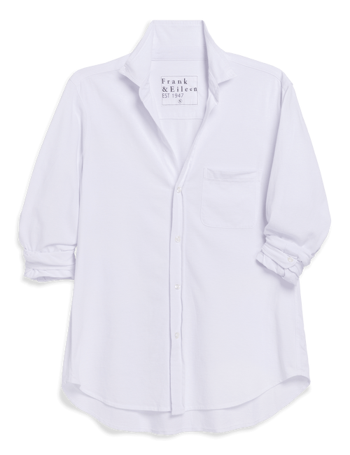 White shirt with brand label on a black background, view 6