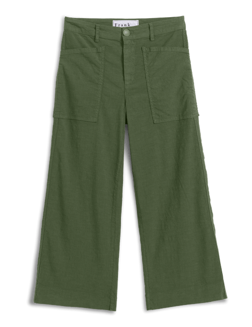 Olive green wide-leg cargo pants with a button closure and belt loops, displayed flat against a solid black background., front view