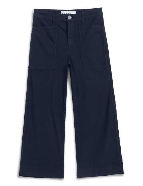 A pair of dark navy blue cropped pants with a button closure, belt loops, and two large front flap pockets, shown flat against a white background., front view
