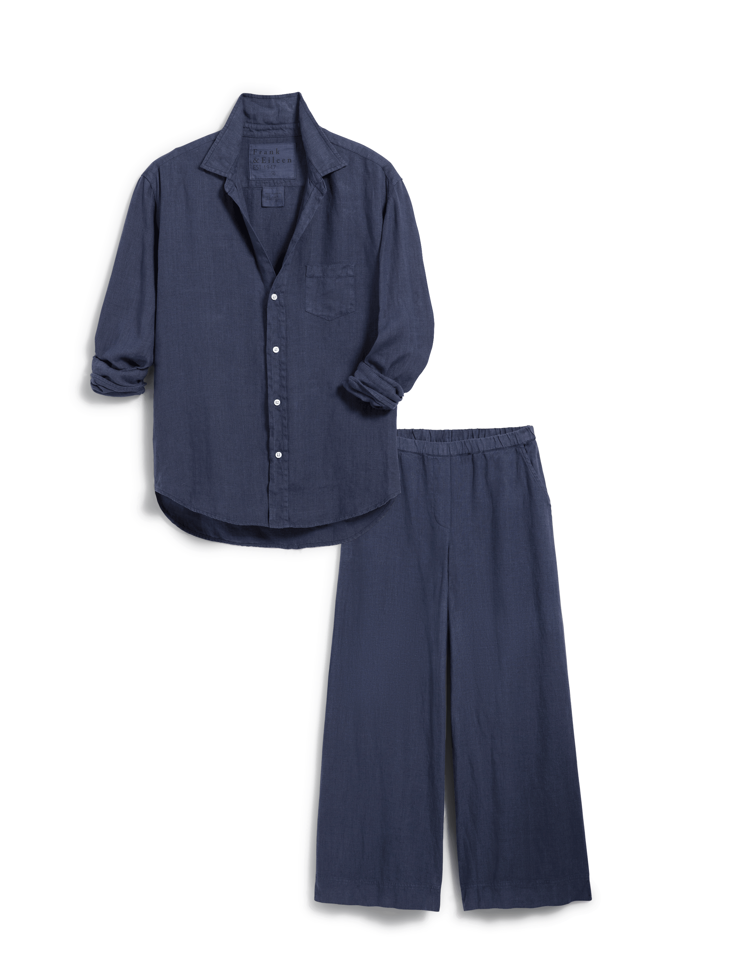 Navy blue shirt and pants set on a white background