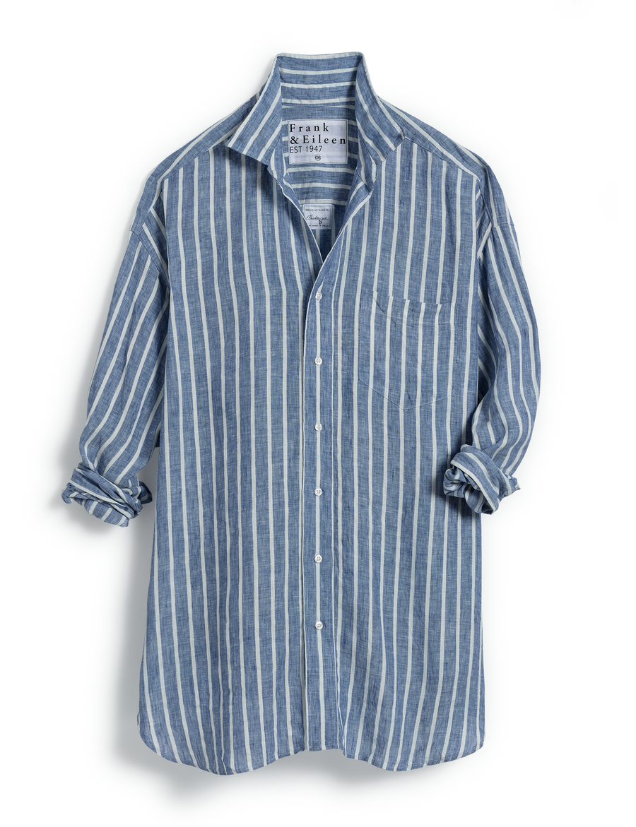 Flat front of Blue and White Stripe Frank & Eileen Mackenzie One Size Button-Up in Classic Linen