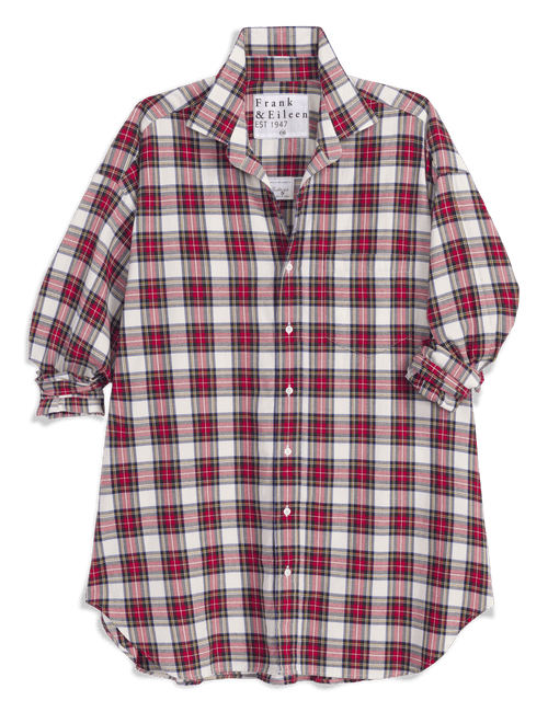 A long-sleeve plaid button-up shirt by Frank & Eileen, featuring a red, white, and black tartan pattern, displayed against a solid black background., front view