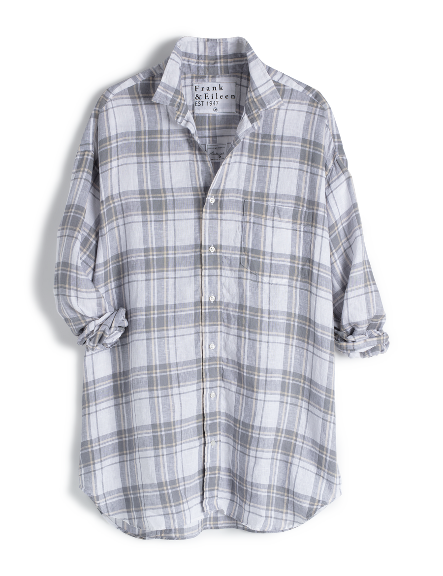 Flat front of Gray Plaid Frank & Eileen Mackenzie One-Size Button-Up Shirt in Lived-in Linen