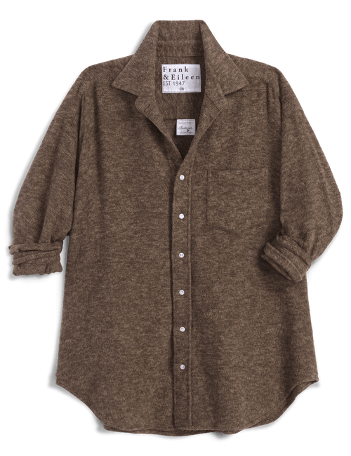 A brown heathered button-up shirt by Frank & Eileen, featuring a collar, chest pocket, and rolled cuffs, displayed flat against a white background., view 3