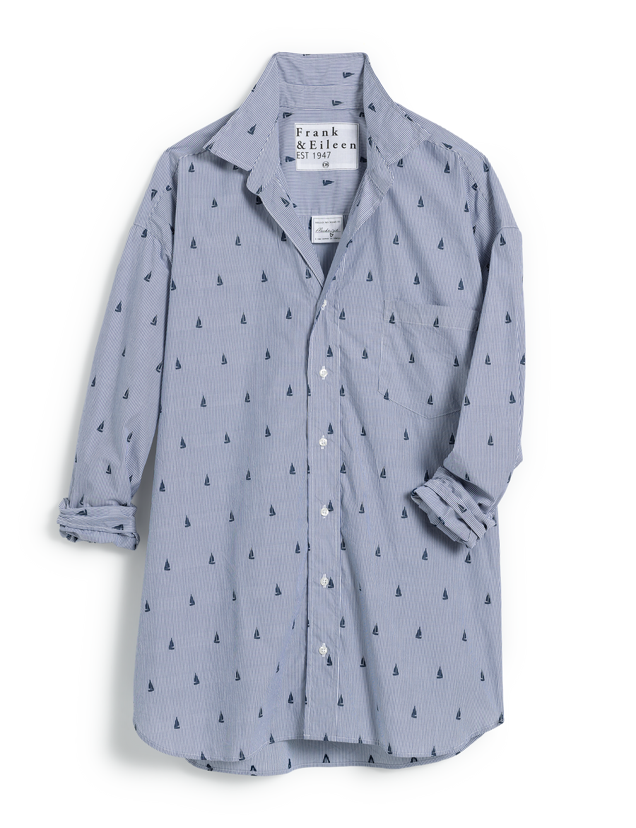 Flat front of Navy Sail Boats Frank & Eileen Mackenzie One Size Button-Up Shirt in Classic Poplin