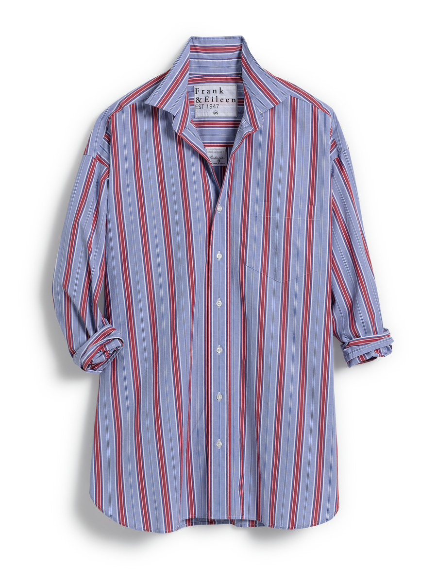 Flat front of Red and Blue Stripe Frank & Eileen Mackenzie One Size Button-Up Shirt in Superluxe