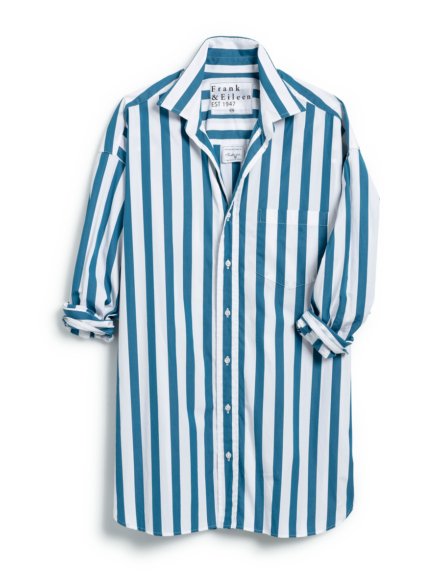 Flat front of Blue Stripe Frank & Eileen Mackenzie One-Size Button-Up Shirt in Superluxe