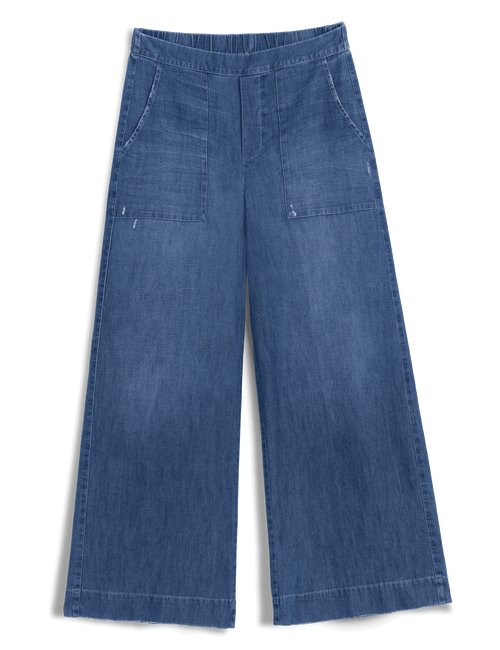 Blue denim wide-leg pants on a white background, view 4