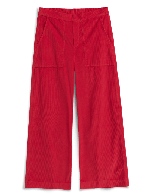 Red wide-leg pants with a pleated front and large front patch pockets, shown flat against a white background., view 6