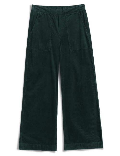 Dark green corduroy wide-leg pants with  large front patch pockets, shown flat on a white background., view 4