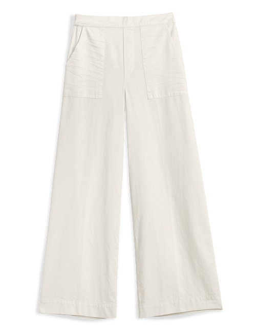 A pair of off-white wide-leg pants, shown flat against a solid background., front view